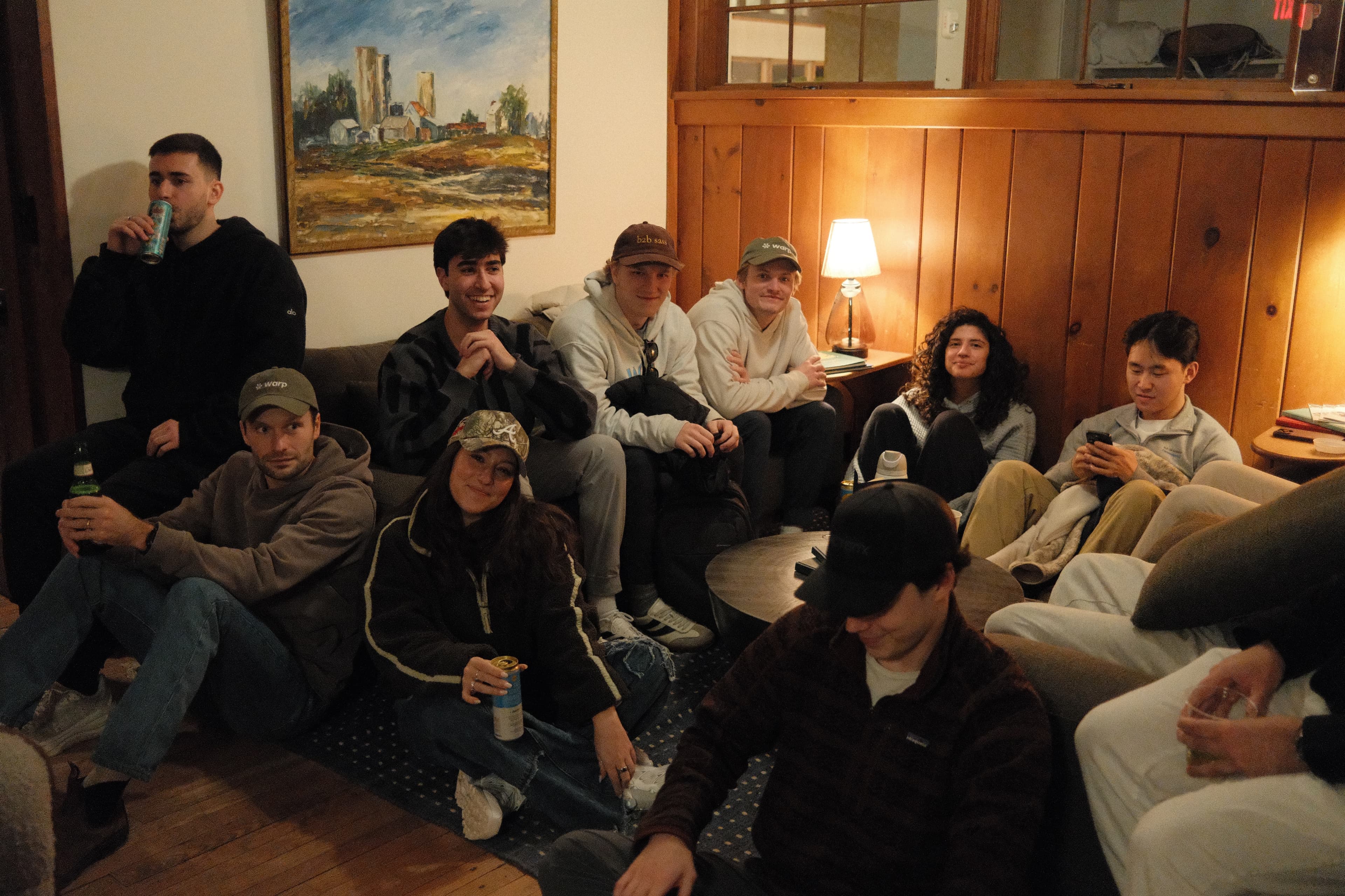 Warp team hanging out at a company dinner